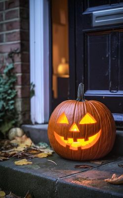 Фонарь из тыквы на пороге дома